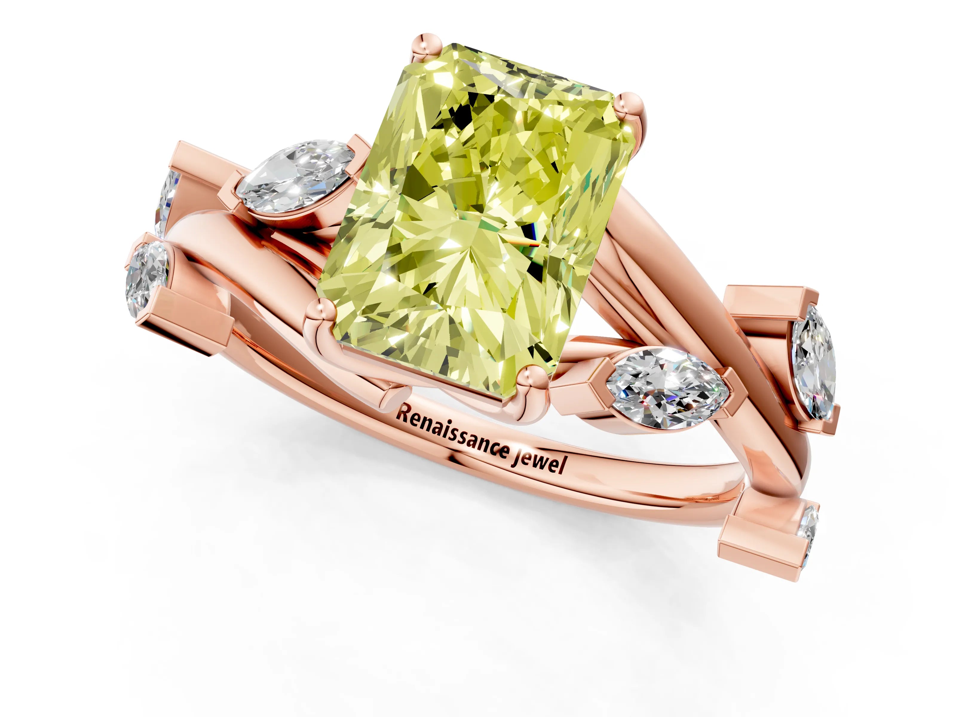 Rose gold Fancy Yellow Radiant Cut Solitaire Twisted Band Marquise Accent Prong Setting Ring_1