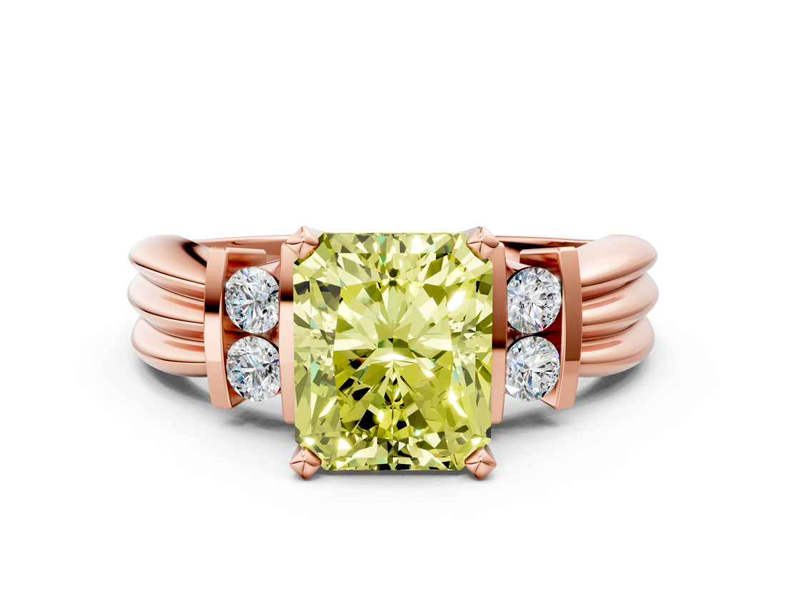 14K Yellow Gold 2.07 Carat Yellow VS1 Radiant Cut Three-Stone Channel Set Ring with Bar Prongs