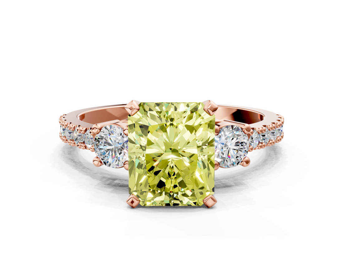 Rose gold Fancy Yellow Radiant  Cut Three-Stone Diamond Pavé Band with Prong Setting_17