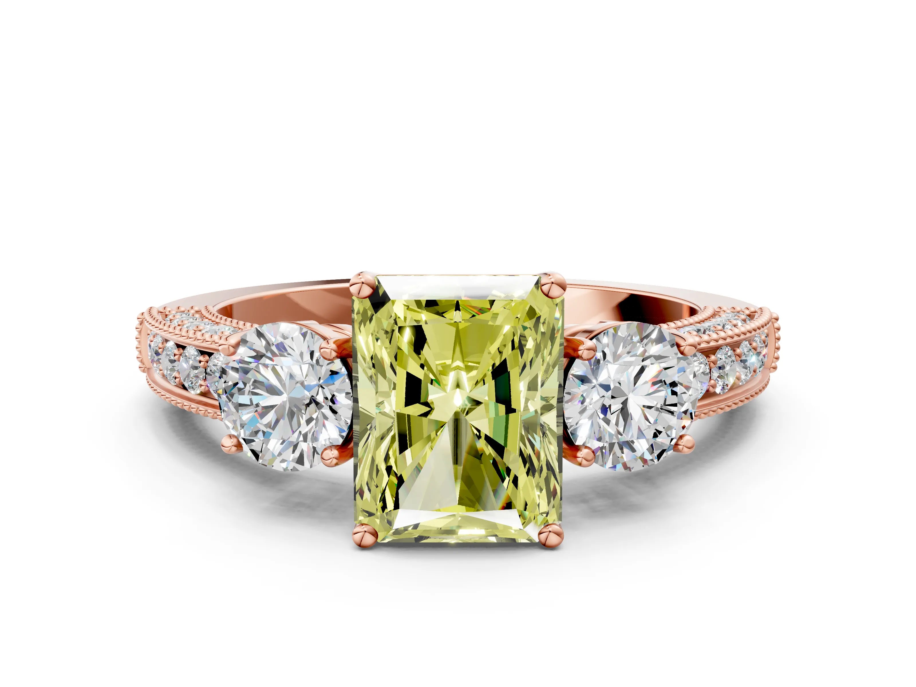Rose gold Fancy Yellow Radiant Cut Three-Stone Diamond Ring with Pavé Band and Four-Prong Setting