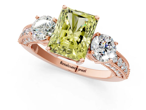 Rose gold Fancy Yellow Radiant Cut Three-Stone Diamond Ring with Pavé Band and Four-Prong Setting_1
