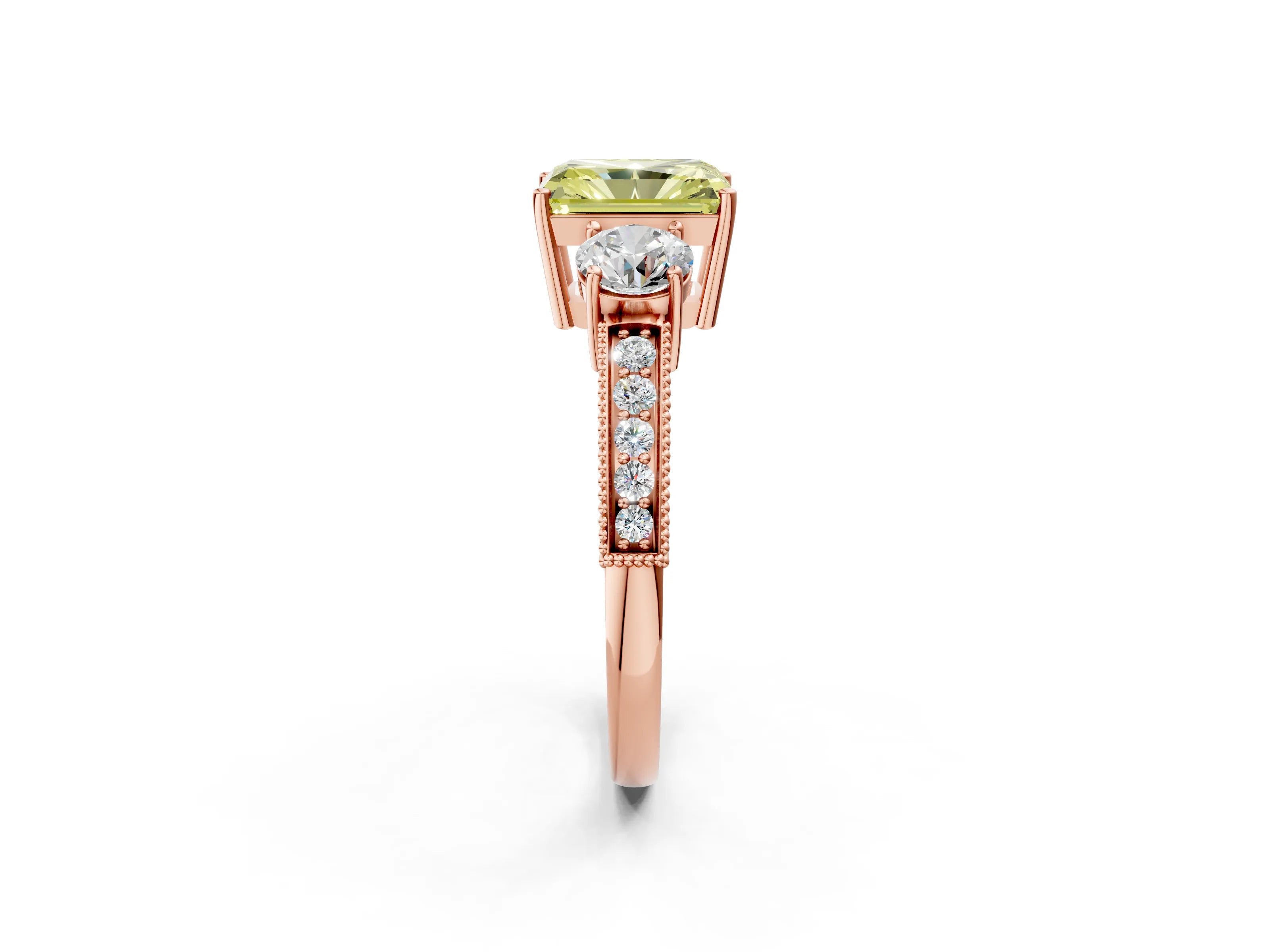 Rose gold Fancy Yellow Radiant Cut Three-Stone Diamond Ring with Pavé Band and Four-Prong Setting_2
