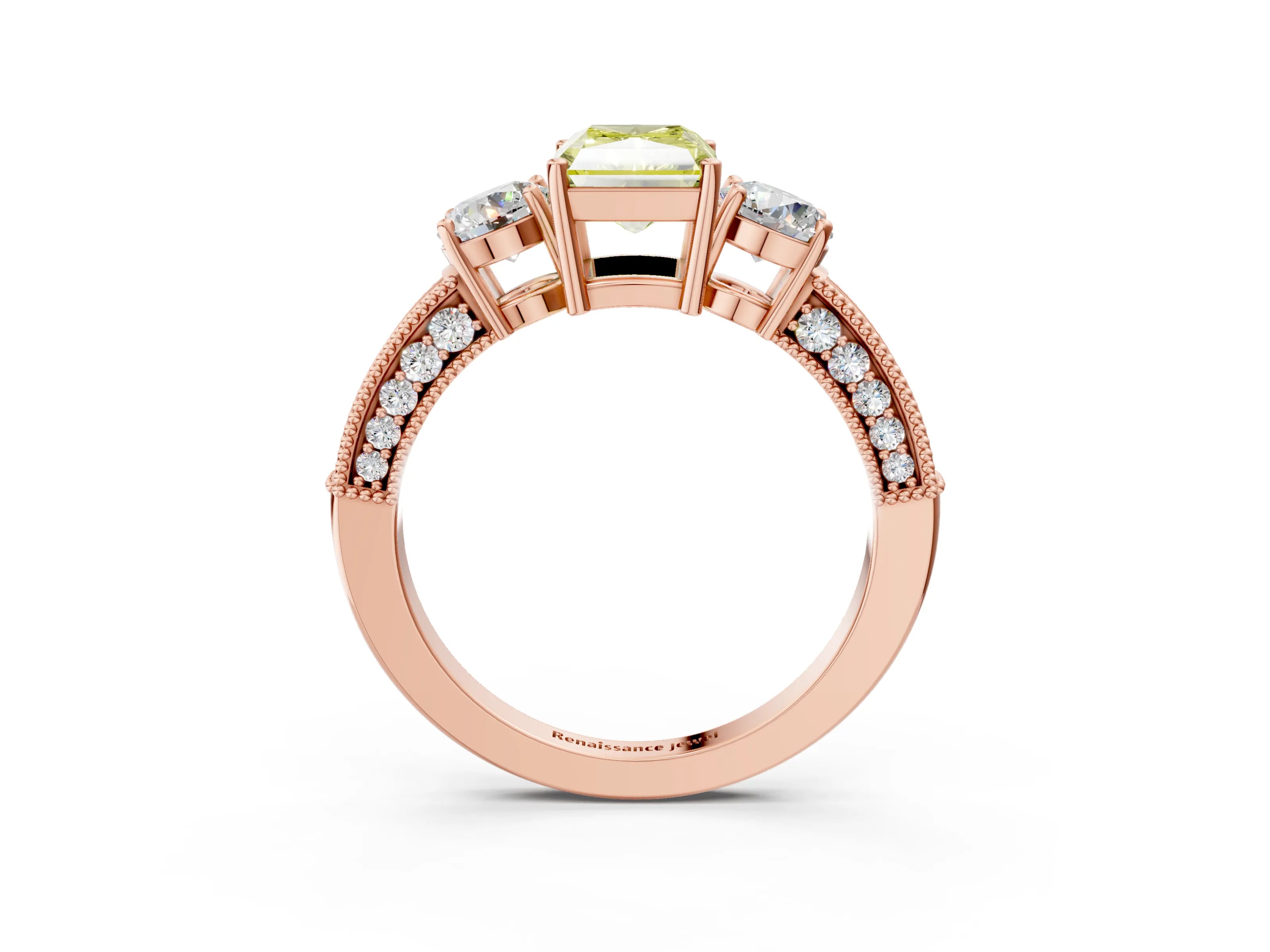 Rose gold Fancy Yellow Radiant Cut Three-Stone Diamond Ring with Pavé Band and Four-Prong Setting_3