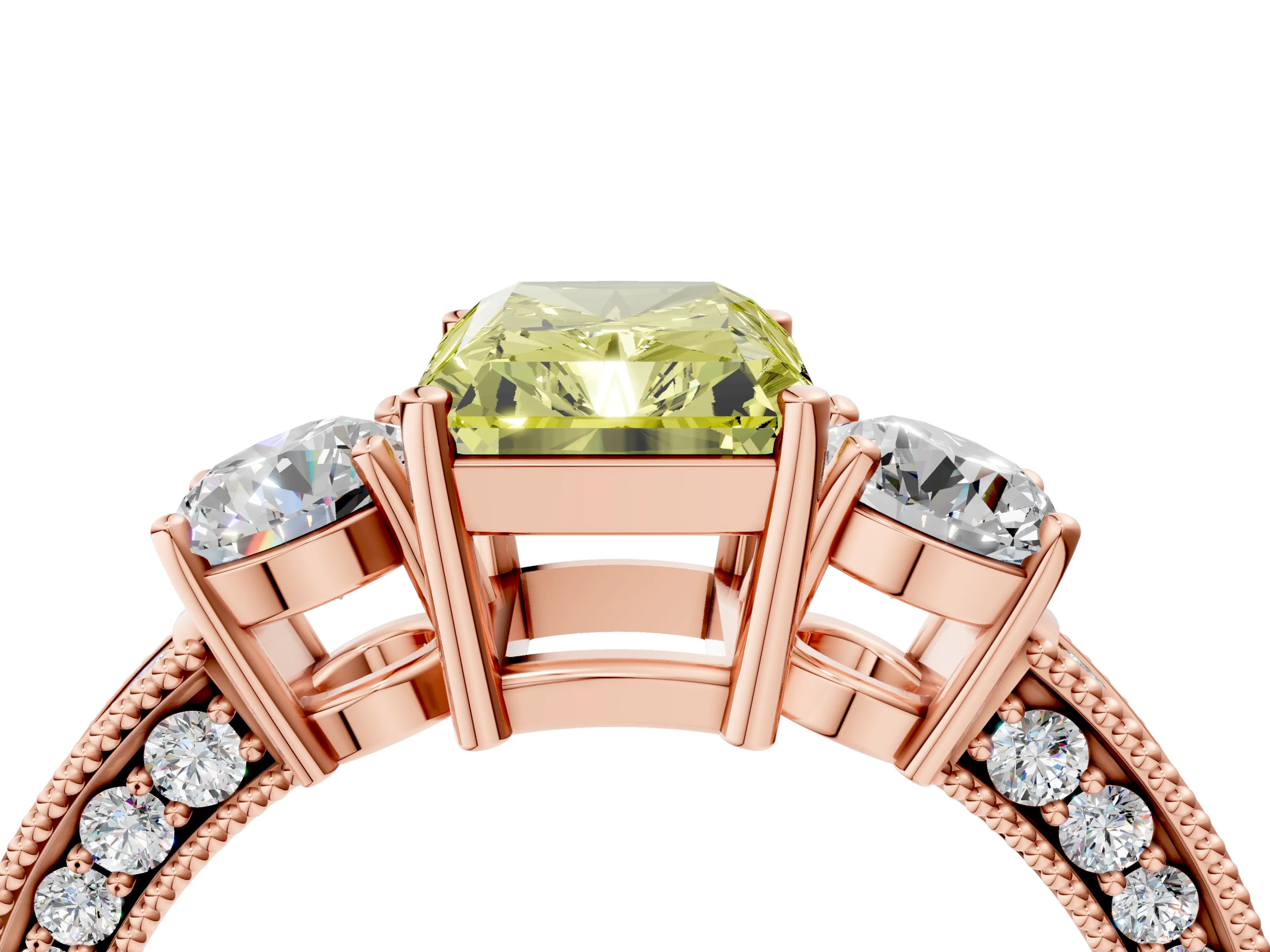 Rose gold Fancy Yellow Radiant Cut Three-Stone Diamond Ring with Pavé Band and Four-Prong Setting_4