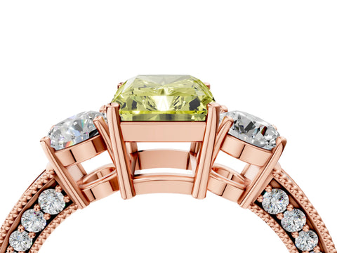 Rose gold Fancy Yellow Radiant Cut Three-Stone Diamond Ring with Pavé Band and Four-Prong Setting_4