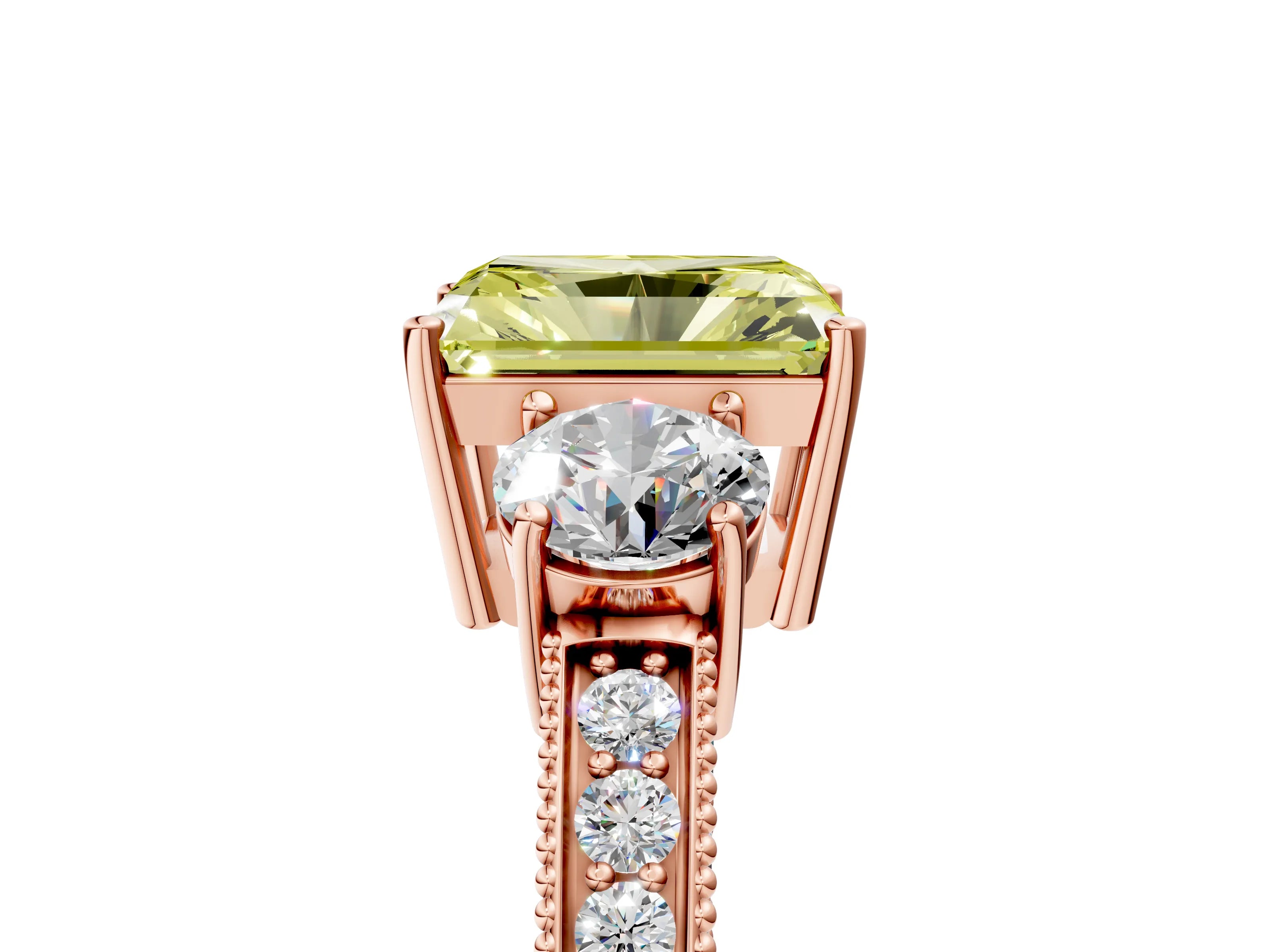 Rose gold Fancy Yellow Radiant Cut Three-Stone Diamond Ring with Pavé Band and Four-Prong Setting_5