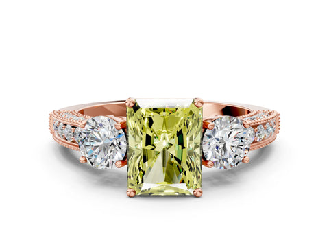 Rose gold Fancy Yellow Radiant Cut Three-Stone Diamond Ring with Pavé Band and Four-Prong Setting