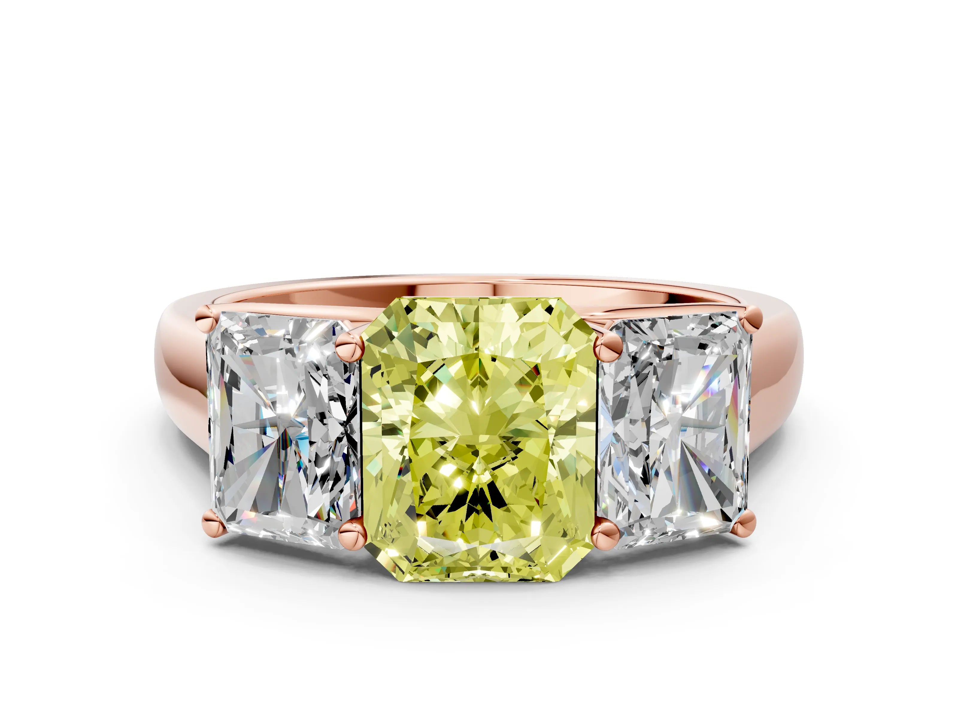 Rose gold Fancy Yellow Radiant Cut Three-Stone Diamond Ring with Prong Setting on a Classic Band