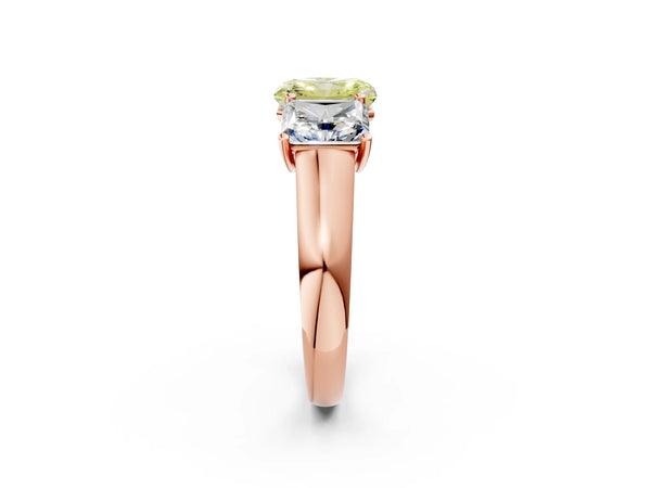 Rose gold Fancy Yellow Radiant Cut Three-Stone Diamond Ring with Prong Setting on a Classic Band