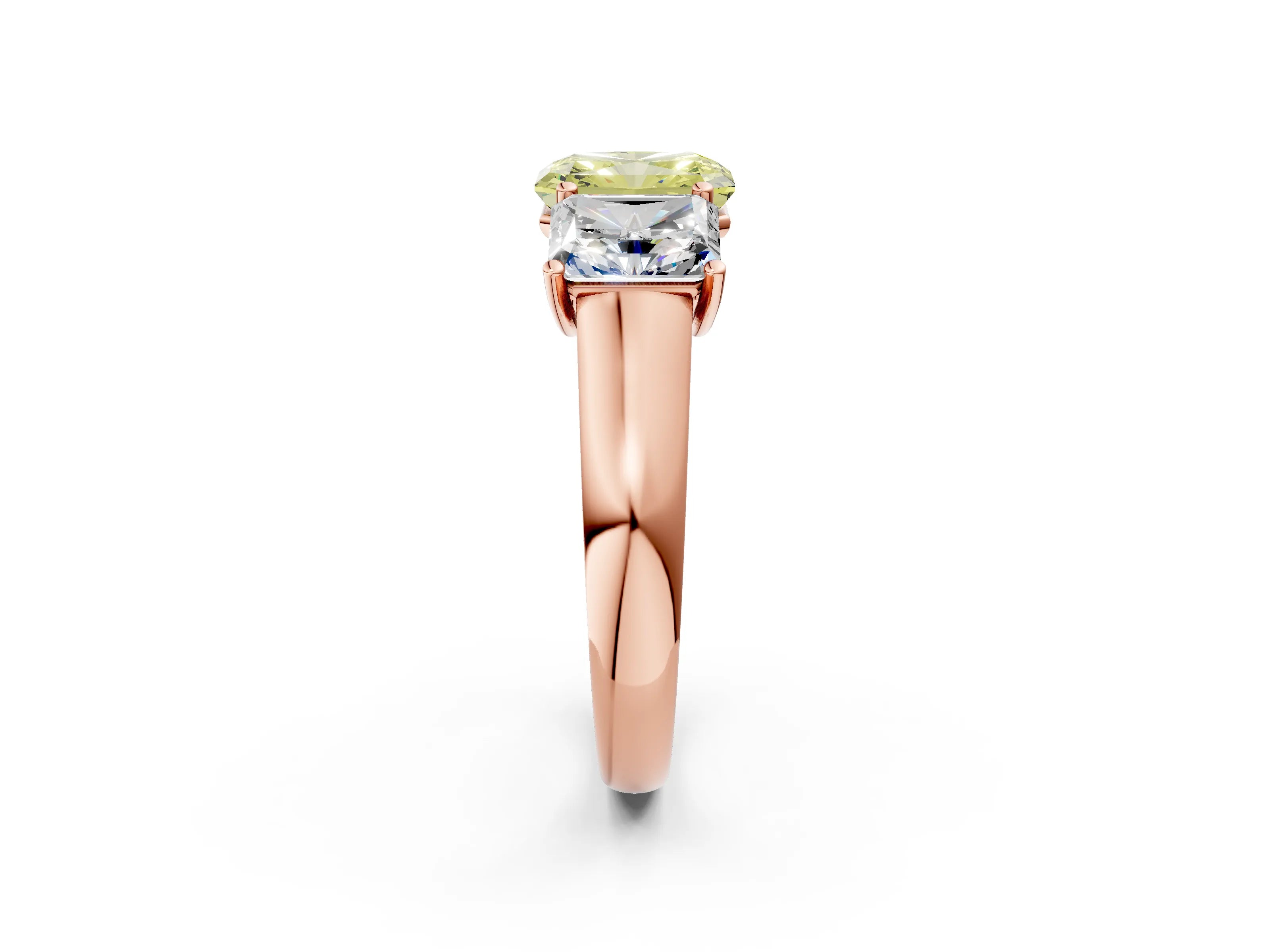 Rose gold Fancy Yellow Radiant Cut Three-Stone Diamond Ring with Prong Setting on a Classic Band_2