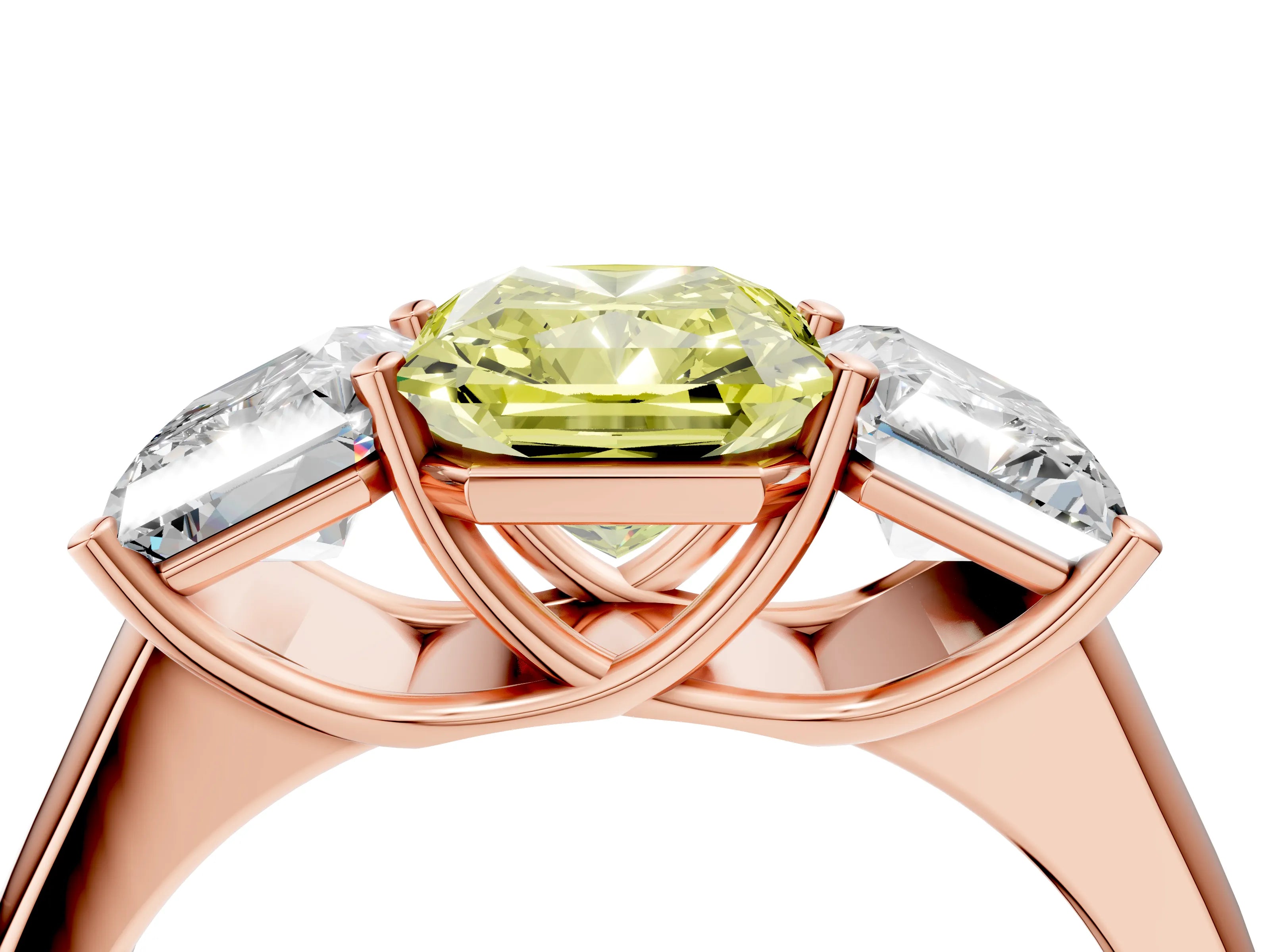 Rose gold Fancy Yellow Radiant Cut Three-Stone Diamond Ring with Prong Setting on a Classic Band_4