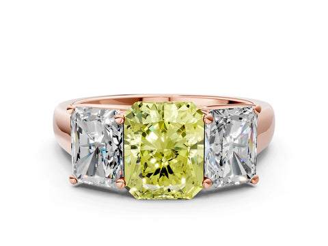 Rose gold Fancy Yellow Radiant Cut Three-Stone Diamond Ring with Prong Setting on a Classic Band