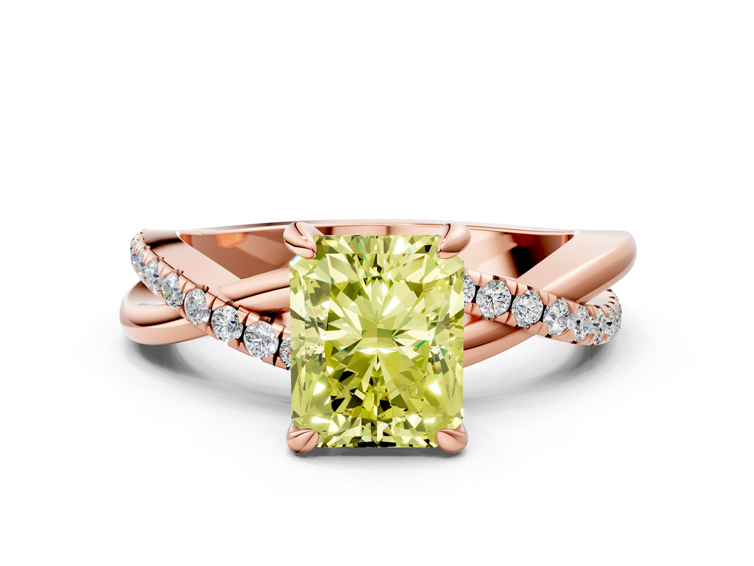 Rose gold Fancy Yellow Radiant  Cut Twist Band Solitaire Diamond Ring with Pavé Setting_3