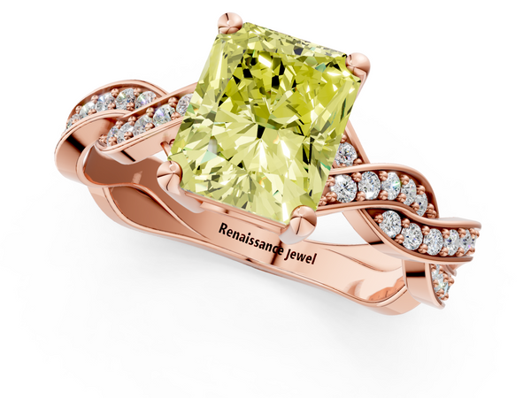 Rose gold Fancy Yellow Radiant  Cut Twisted Pavé Band Solitaire Ring with Four-Prong Setting