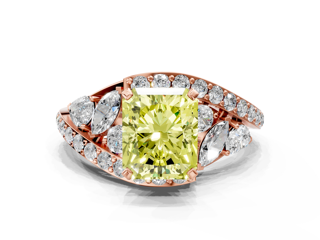 Rose gold Fancy Yellow Radiant  Diamond Halo Ring with Marquise and Pavé Band in Prong Setting_56
