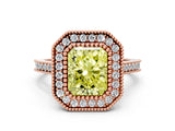 Rose gold Fancy Yellow Radiant  Diamond Halo Ring with Milgrain Frame and Pavé Band