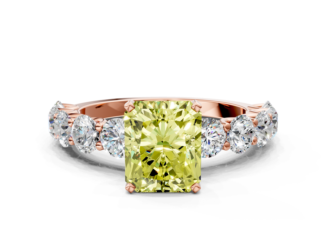 Rose gold Fancy Yellow Radiant  Diamond Prong Setting with Side Stones on a Pave Band_134