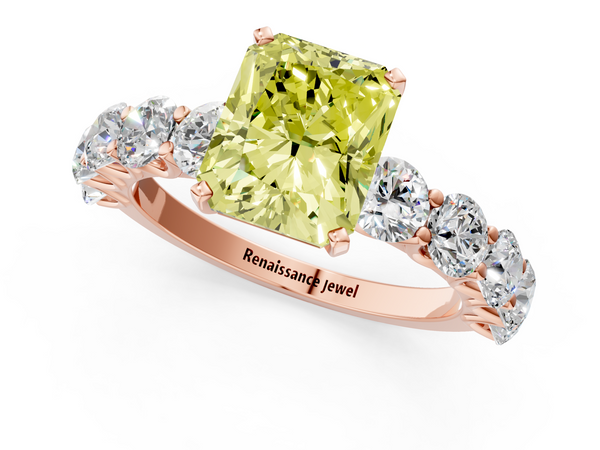 Rose gold Fancy Yellow Radiant Cut Diamond Prong Setting with Side Stones on a Pave Band