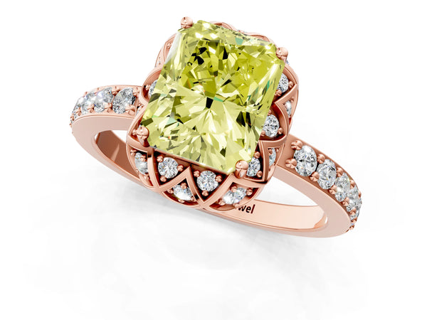 Rose gold Fancy Yellow Radiant  Diamond Solitaire Ring with Shared Prong Pavé Band