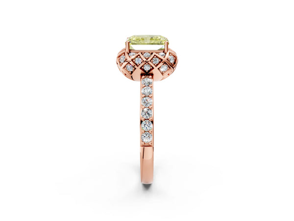 Rose gold Fancy Yellow Radiant  Diamond Solitaire Ring with Shared Prong Pavé Band