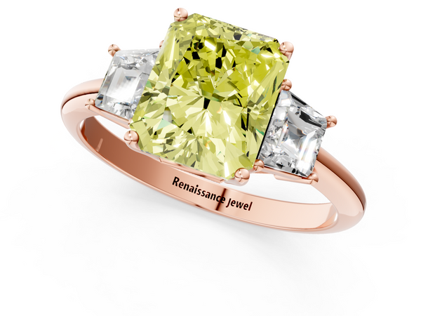 Rose Gold Radiant Cut Three Stone Engagement Ring Setting for Fancy Yellow Center with Trapezoid Side Stones