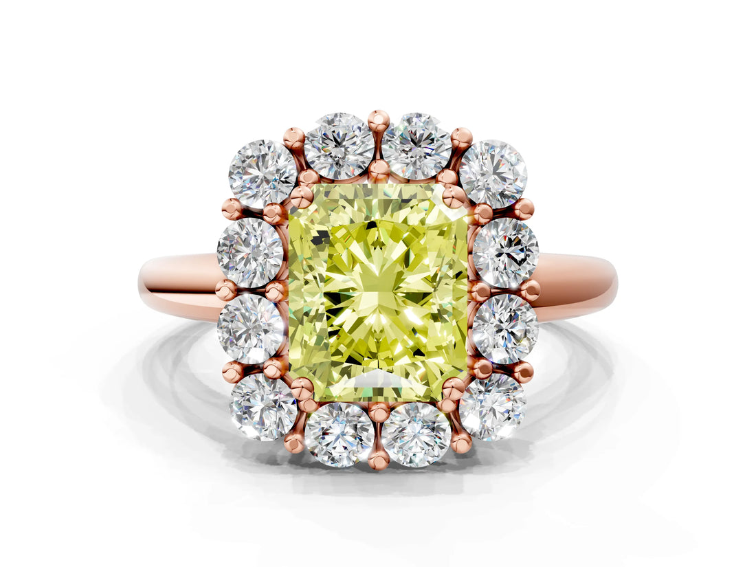 Rose gold Fancy Yellow Radiant  Halo Cluster Diamond Engagement Ring with Prong Setting and Polished Band_87