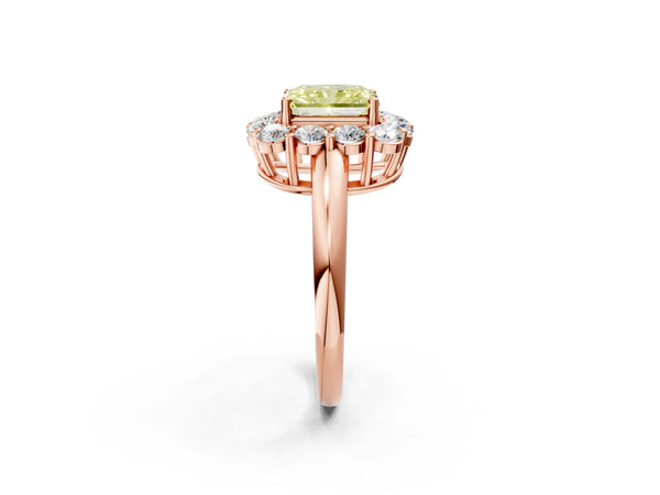 Rose gold Fancy Yellow Radiant  Halo Cluster Diamond Engagement Ring with Prong Setting and Polished Band