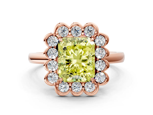 Rose gold Fancy Yellow Radiant  Halo Cluster Diamond Engagement Ring with Solitaire Band and Prong Setting