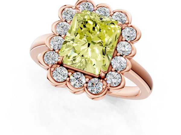 Rose gold Fancy Yellow Radiant  Halo Cluster Diamond Engagement Ring with Solitaire Band and Prong Setting