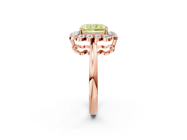 Rose gold Fancy Yellow Radiant  Halo Cluster Diamond Engagement Ring with Solitaire Band and Prong Setting