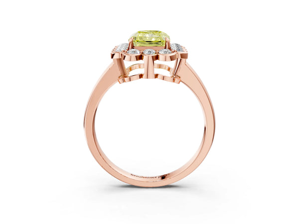 Rose gold Fancy Yellow Radiant  Halo Cluster Diamond Engagement Ring with Solitaire Band and Prong Setting