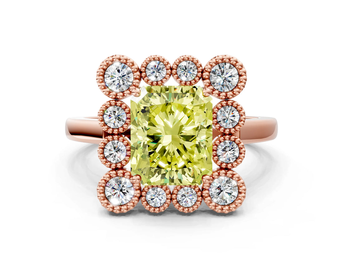 Rose gold Fancy Yellow Radiant  Halo Diamond Cluster Engagement Ring with Milgrain Bezel Setting and Solitaire Band_75