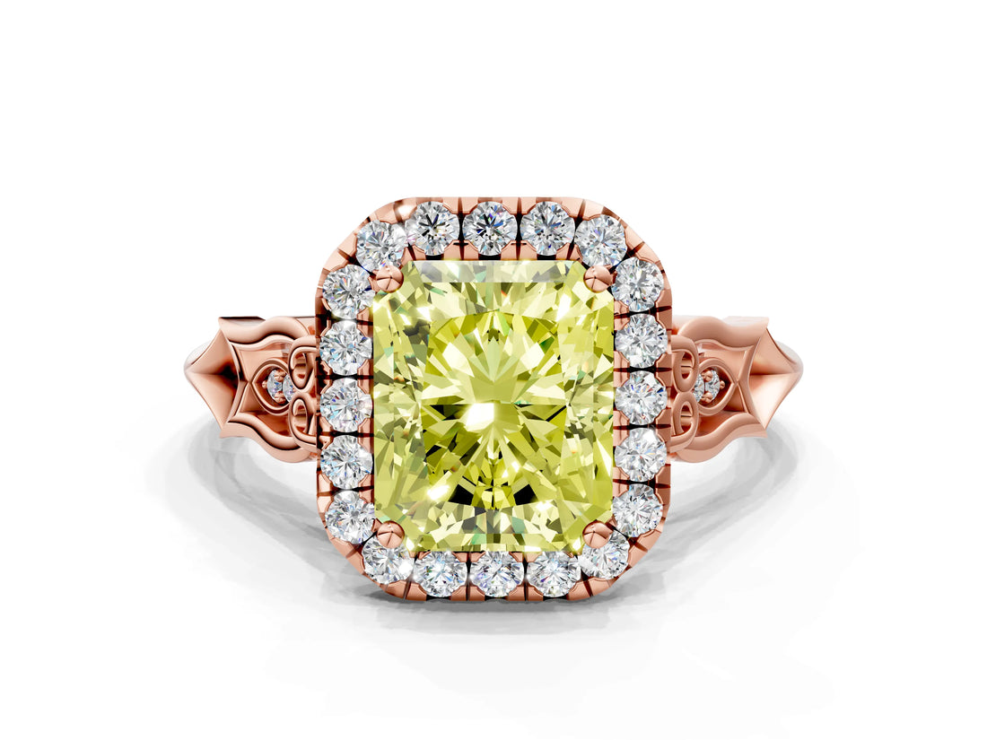 Rose gold Fancy Yellow Radiant  Halo Diamond Engagement Ring with Filigree Band and Four-Prong Setting_94
