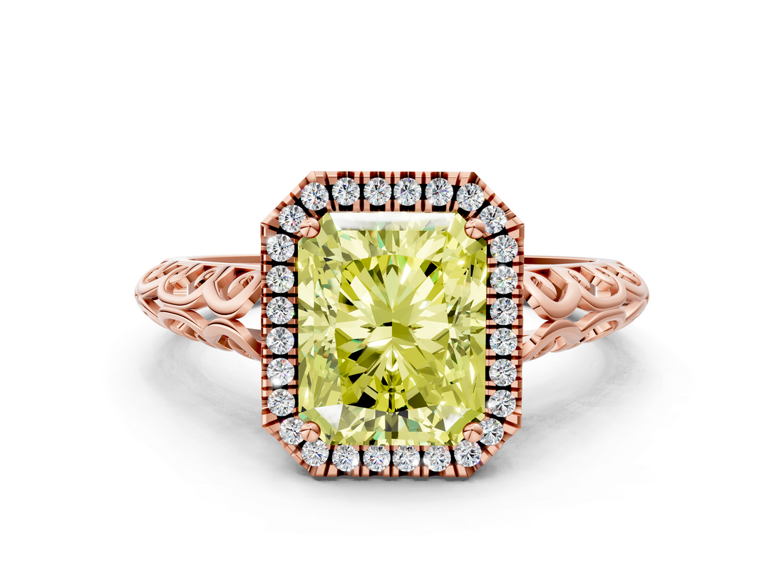 Rose gold Fancy Yellow Radiant  Halo Diamond Engagement Ring with Intricate Filigree Band and Four-Prong Setting_54