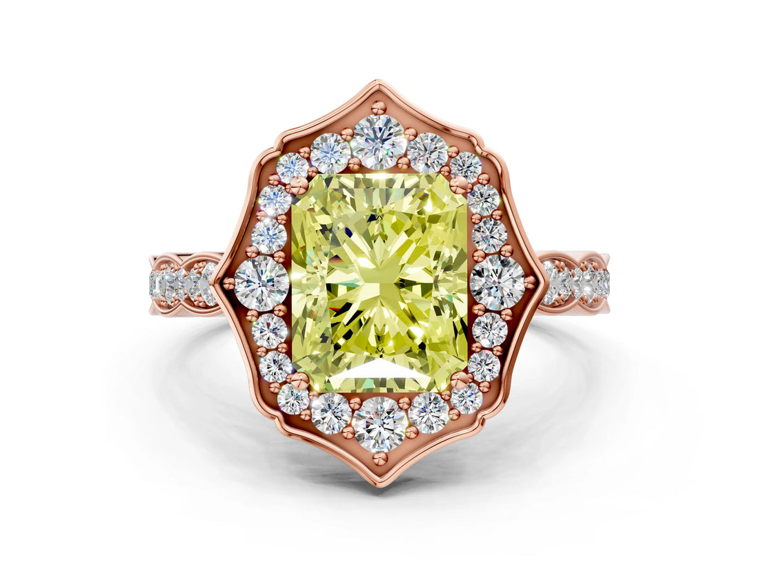 Rose gold Fancy Yellow Radiant  Halo Diamond Engagement Ring with Milgrain Band and Four-Prong Setting_54