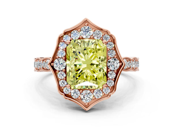 Rose gold Fancy Yellow Radiant  Halo Diamond Engagement Ring with Milgrain Band and Four-Prong Setting