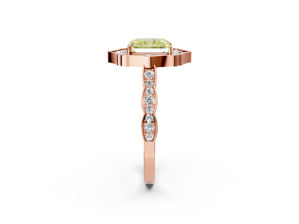 Rose gold Fancy Yellow Radiant  Halo Diamond Engagement Ring with Milgrain Band and Four-Prong Setting