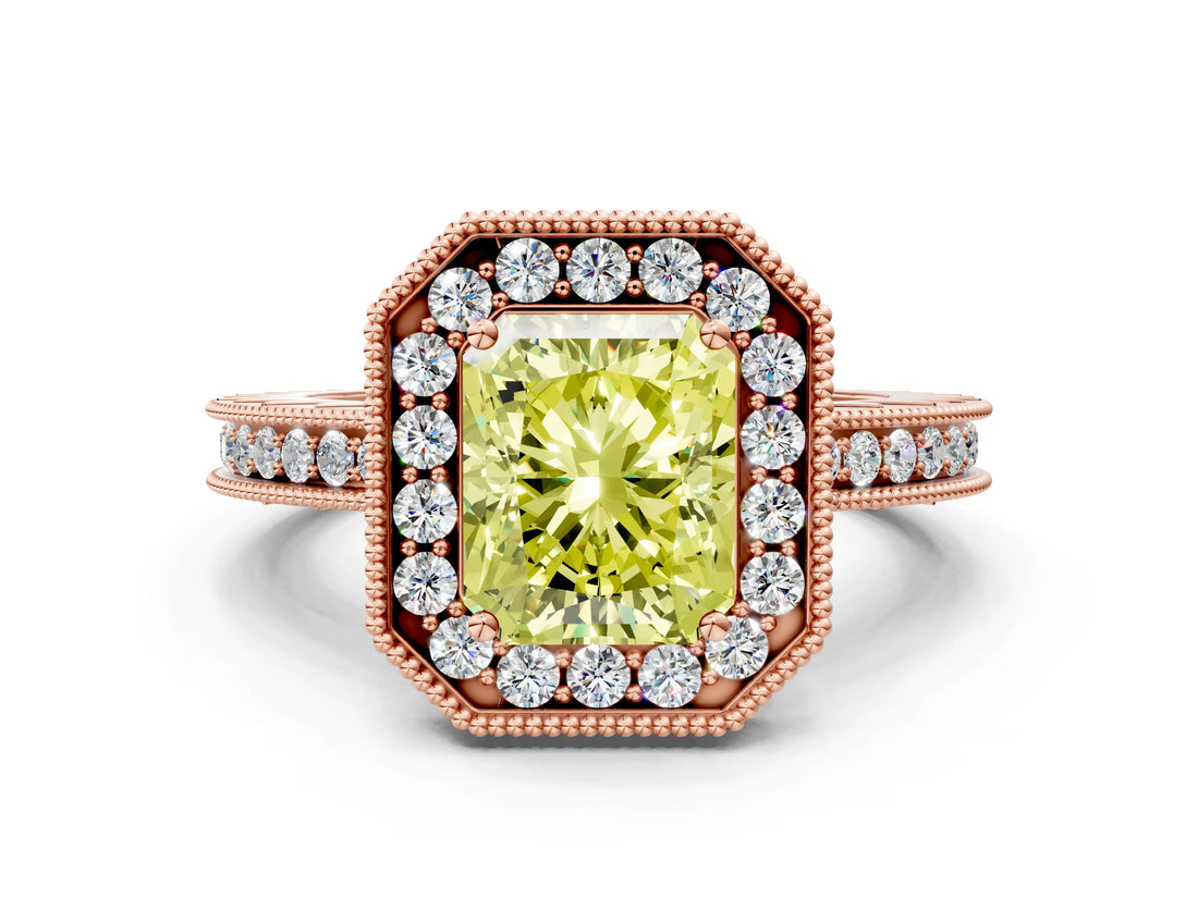 Rose gold Fancy Yellow Radiant  Halo Diamond Engagement Ring with Milgrain Pave Band and Four-Prong Setting_57