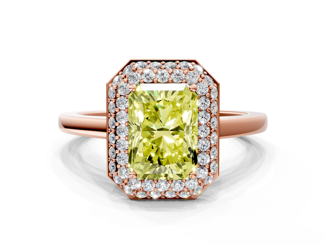 Rose gold Fancy Yellow Radiant  Halo Diamond Engagement Ring with Solitaire Band and Four-Prong Setting_20