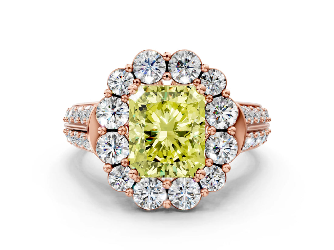 Rose gold Fancy Yellow Radiant  Halo Diamond Engagement Ring with Split Shank and Prong Setting_66