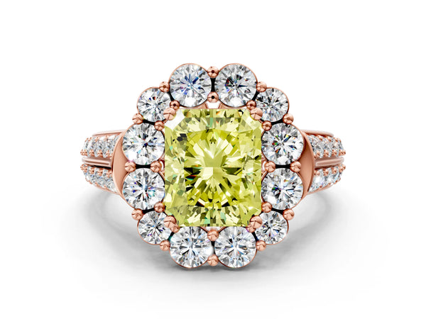 Rose gold Fancy Yellow Radiant  Halo Diamond Engagement Ring with Split Shank and Prong Setting