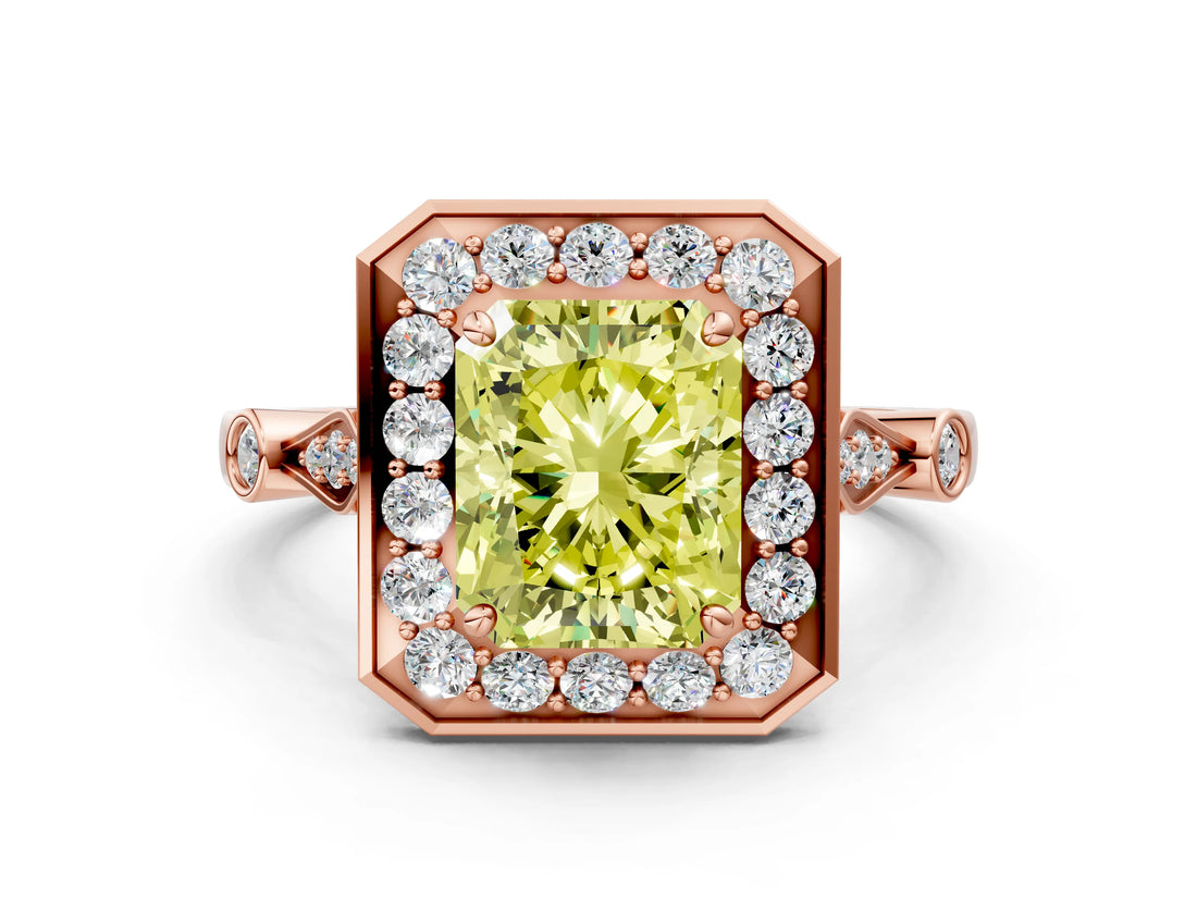 Rose gold Fancy Yellow Radiant  Halo Diamond Engagement Ring with Twisted Band and Four-Prong Setting 2