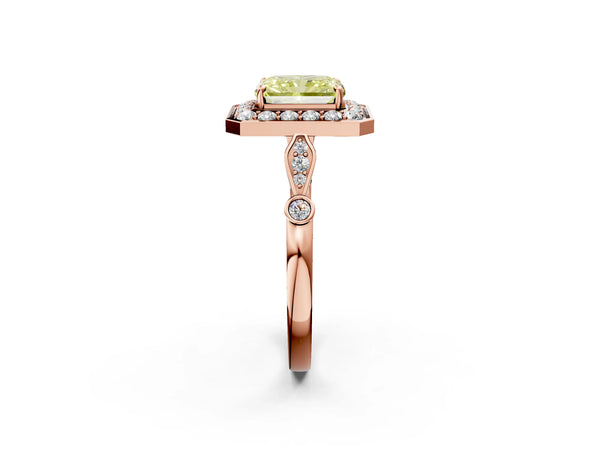 Rose Gold Radiant Cut Bezel Station Halo Engagement Ring Setting for Fancy Yellow Center