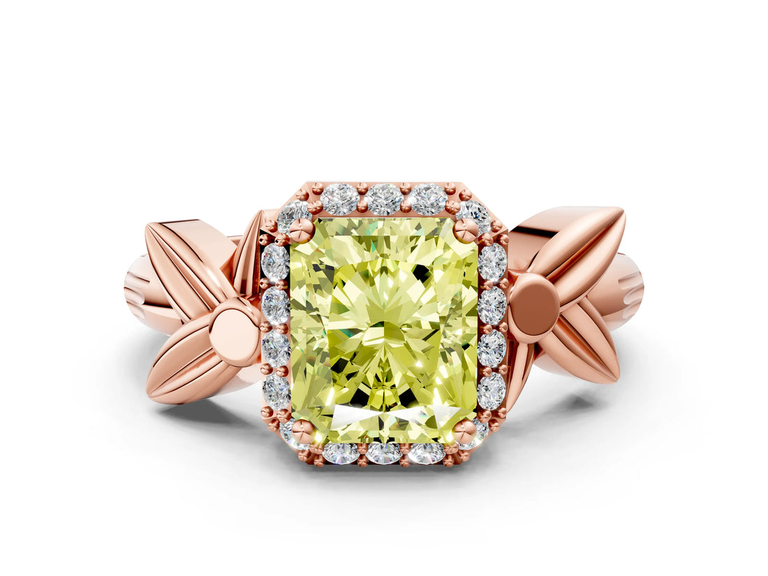 Rose gold Fancy Yellow Radiant  Halo Diamond Floral Band with Four-Prong Setting_55