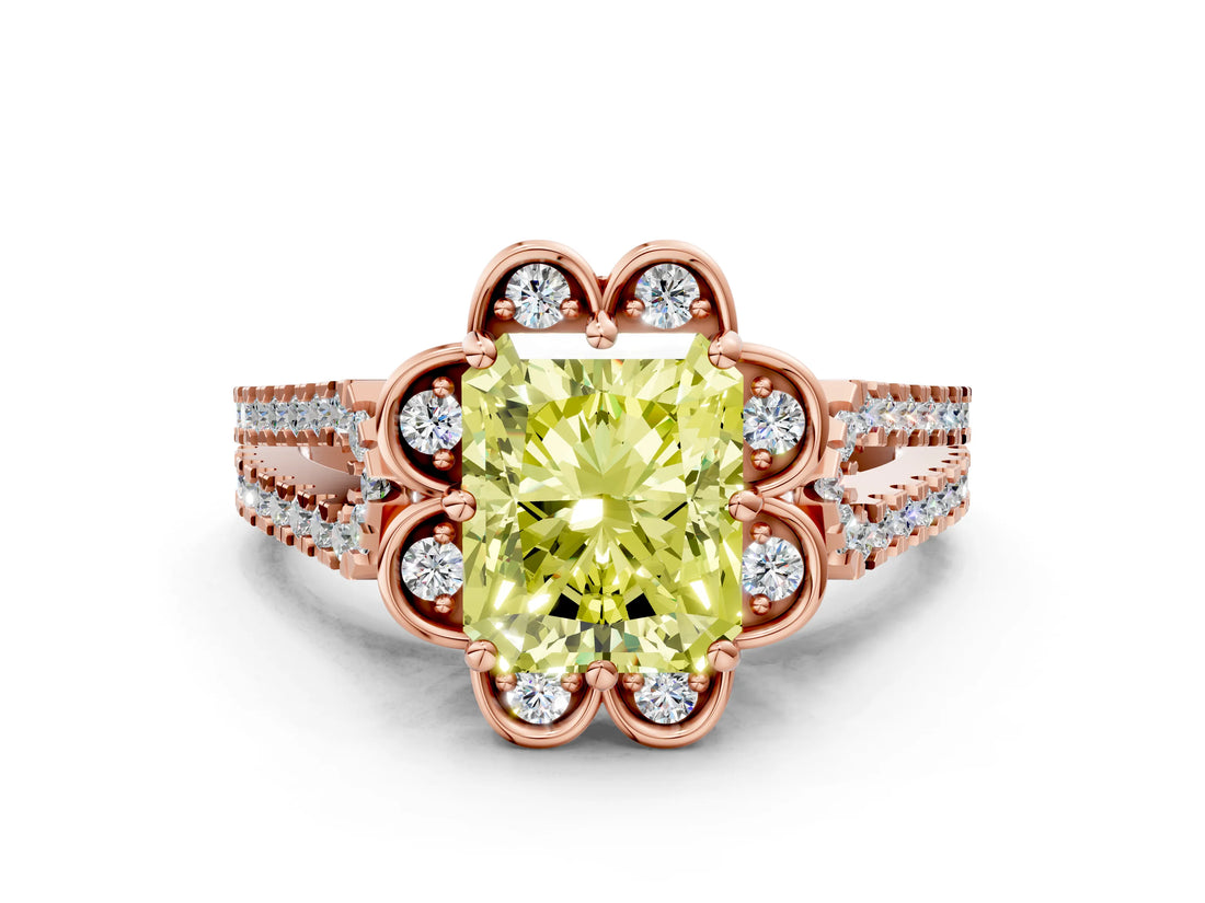 Rose gold Fancy Yellow Radiant  Halo Diamond Floral Split Shank Engagement Ring 1