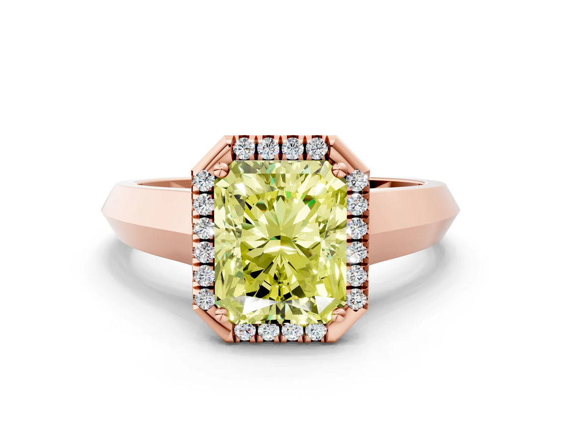 Rose gold Fancy Yellow Radiant  Halo Diamond Ring with Cathedral Band and Four-Prong Setting_49
