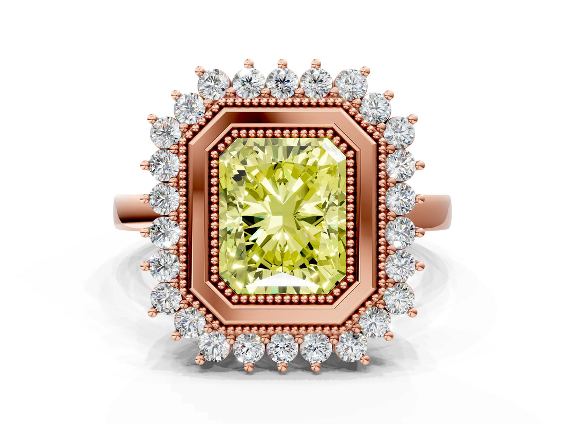 Rose gold Fancy Yellow Radiant  Halo Diamond Ring with Milgrain Edge and Round Prong Setting_26