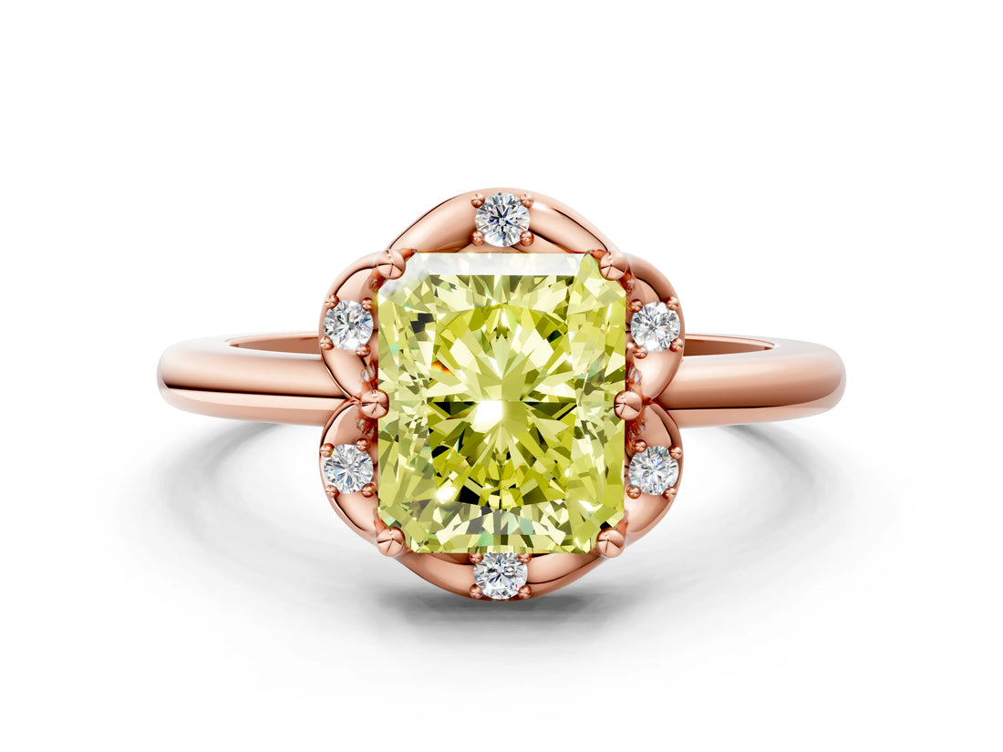 Rose gold Fancy Yellow Radiant  Halo Diamond Ring with Round Cluster Setting, Solitaire Band, and Four-Prong Setting_49