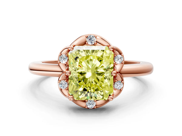 Rose gold Fancy Yellow Radiant  Halo Diamond Ring with Round Cluster Setting, Solitaire Band, and Four-Prong Setting