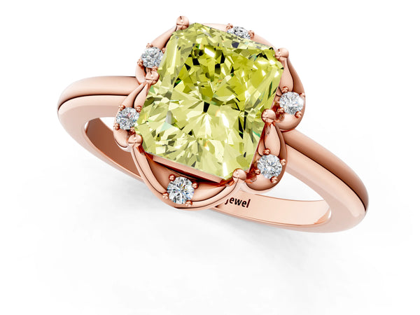 Rose gold Fancy Yellow Radiant  Halo Diamond Ring with Round Cluster Setting, Solitaire Band, and Four-Prong Setting